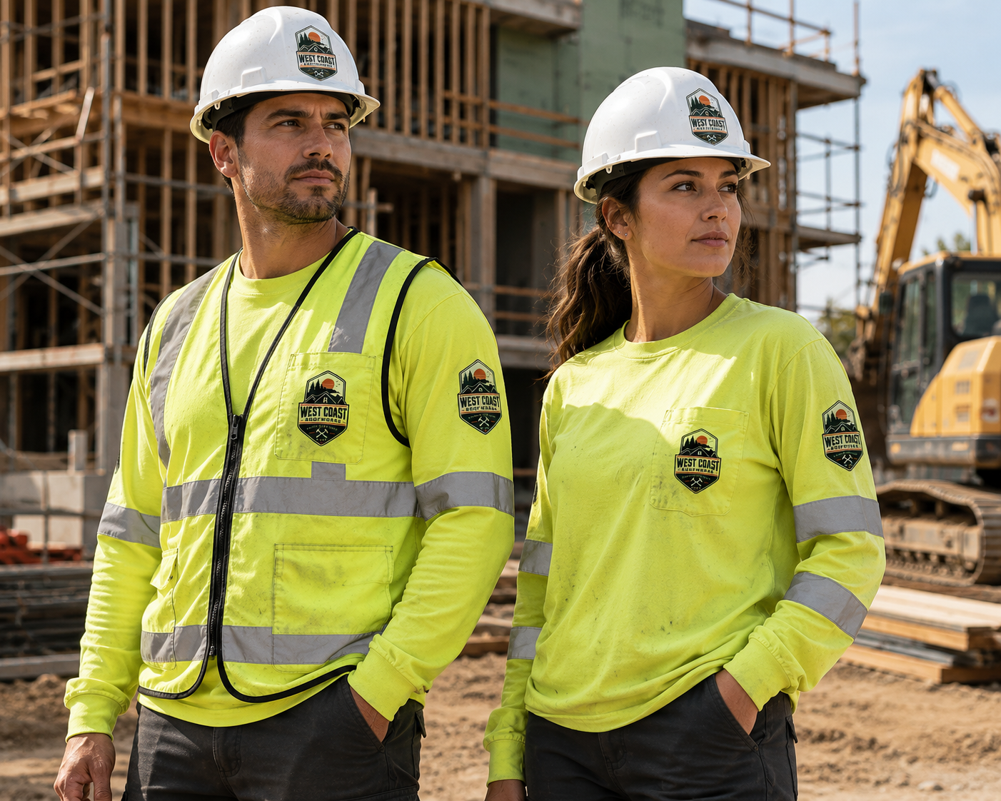 Two crew members on a jobsite in hi-vis long sleeve shirts and hard hats with embroidered company logos