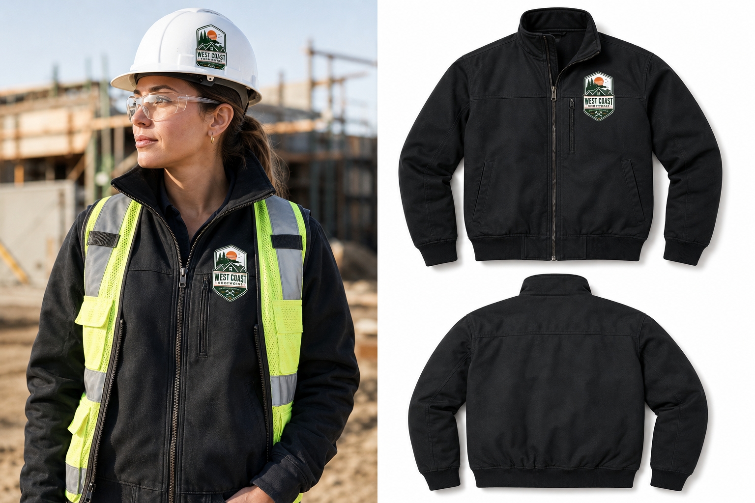 Insulated black canvas work jacket with an embroidered company logo, shown front and back